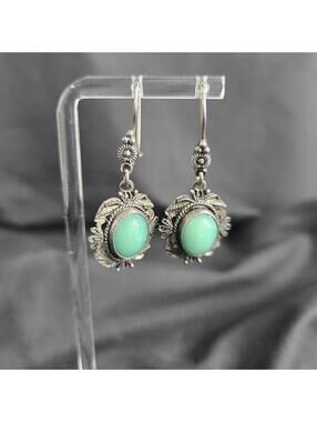 Vintage Sterling Silver Aventurine Drop Earrings Ornate Green Stone 925 Dangle